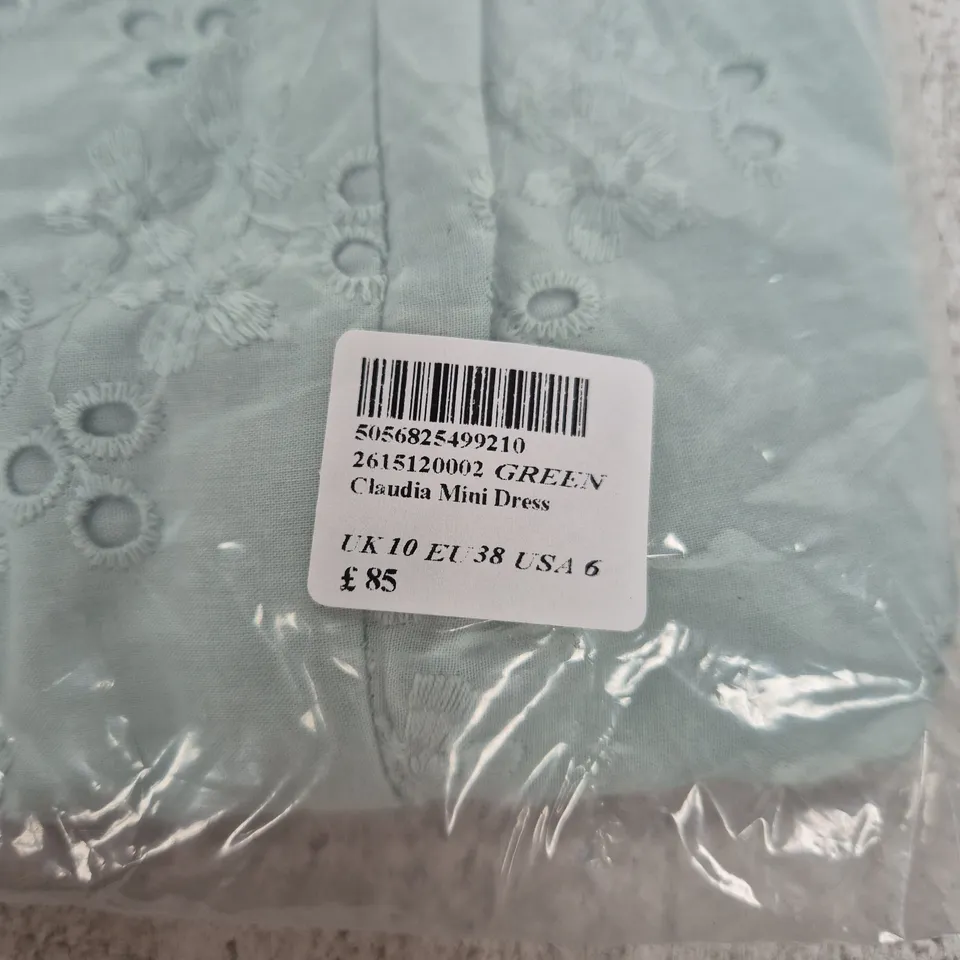 BAGGED NOBODY'S CHILD CLAUDIA MINI DRESS – UK 10 (EU 38) – LIGHT GREEN/BLUE