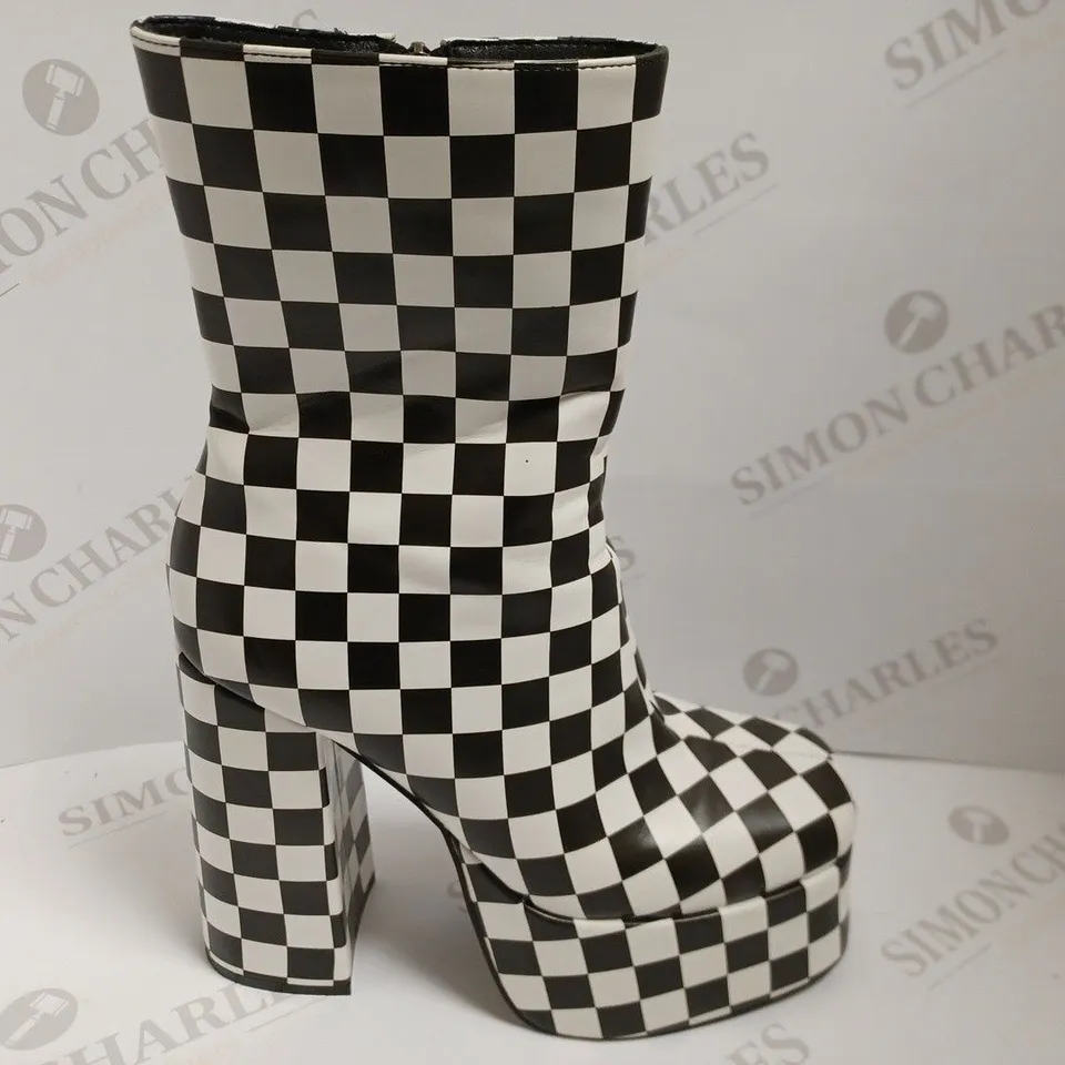 KOI VEGAN BLACK/WHITE CHEQUERED PLATFORM BOOTS - SIZE 6