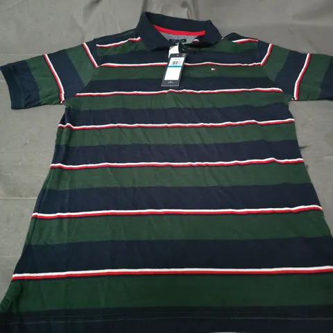 TOMMY HILFIGER BOYS' STRIPED POLO SHIRT – NAVY, GREEN & RED, UK 20