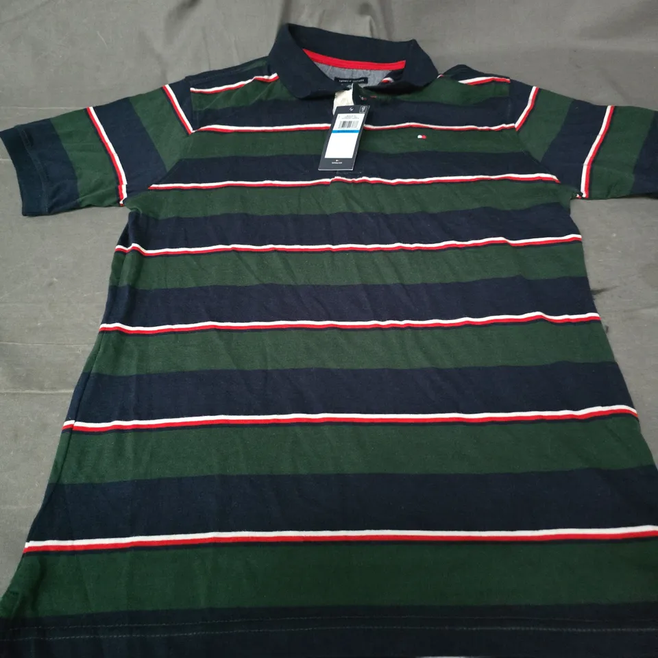 TOMMY HILFIGER BOYS' STRIPED POLO SHIRT – NAVY, GREEN & RED, UK 20