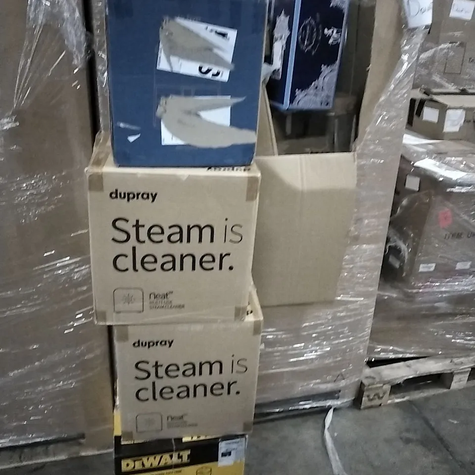 PALLET CONTAINING VARIOUS ASSORTED ITEMS TO INCLUDE: STEAM CLEANERS, DEWALT SEPARATOR WITH 23 LITRE POLY TANK, AIR FRYERS ETC.