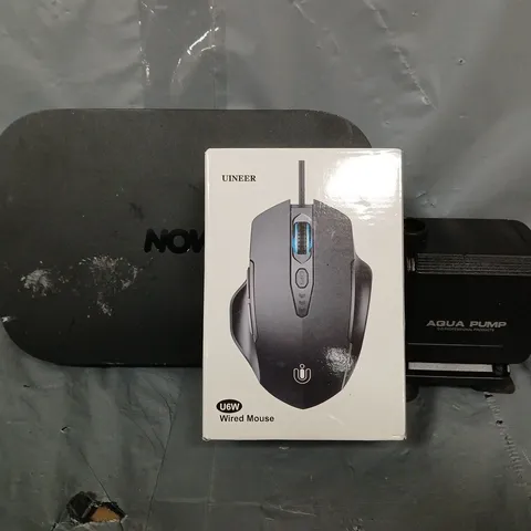 APPROXIMATELY 8 ASSORTED ITEMS TO INCLUDE - NOW TV BOX , AQUA PUMP , UINEER WIRED MOUSE ETC