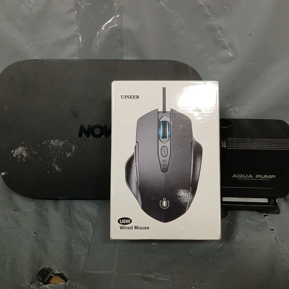 APPROXIMATELY 8 ASSORTED ITEMS TO INCLUDE - NOW TV BOX , AQUA PUMP , UINEER WIRED MOUSE ETC