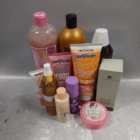 APPROXIMATELY 20 ASSORTED COSMETIC PRODUCTS INCLUDE - SOAP & GLORY PEACH PLEASE BODY LOTION - GIVE ME HAIR SERUM - TEMPLE SPA GENTLE EXFOLIATOR - ETC