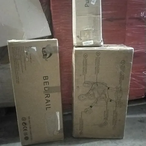 PALLET OF ASSORTED HOUSEHOLD GOODS AND PRODUCTS TO INCLUDE; PULL UP BAR, BEDROOM ACCESSORIES, BOXED FURNITURE ETC