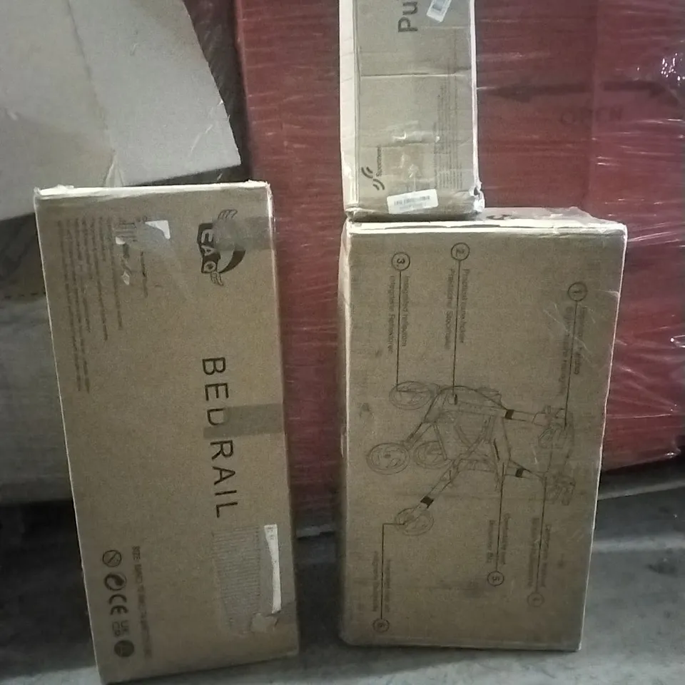 PALLET OF ASSORTED HOUSEHOLD GOODS AND PRODUCTS TO INCLUDE; PULL UP BAR, BEDROOM ACCESSORIES, BOXED FURNITURE ETC
