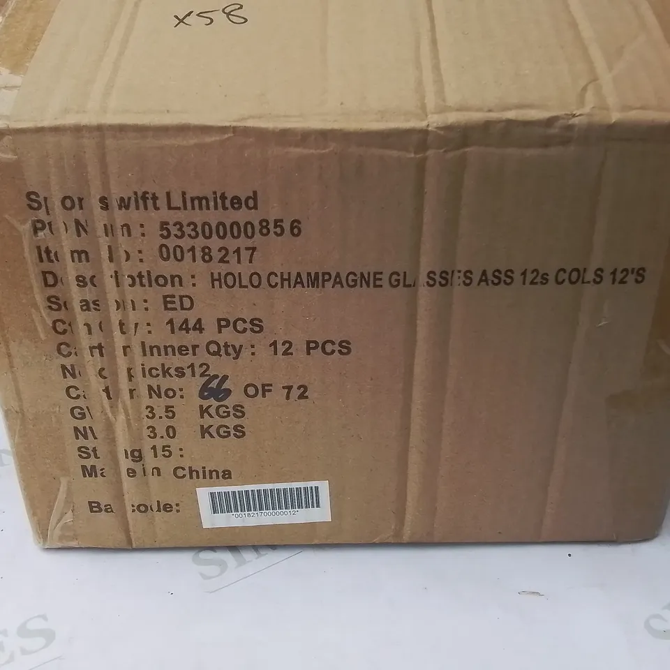 PALLET CONTAINING 58 BOXES OF BRAND NEW HOLO CHAMPAGNE GLASS CONFETTI - 144 PIECES PER BOX / APPROX TOTAL 8352