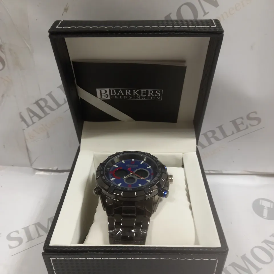 BOXED BARKERS OF KENSINGTON MEGA SPORT BLUE DIAL WATCH 