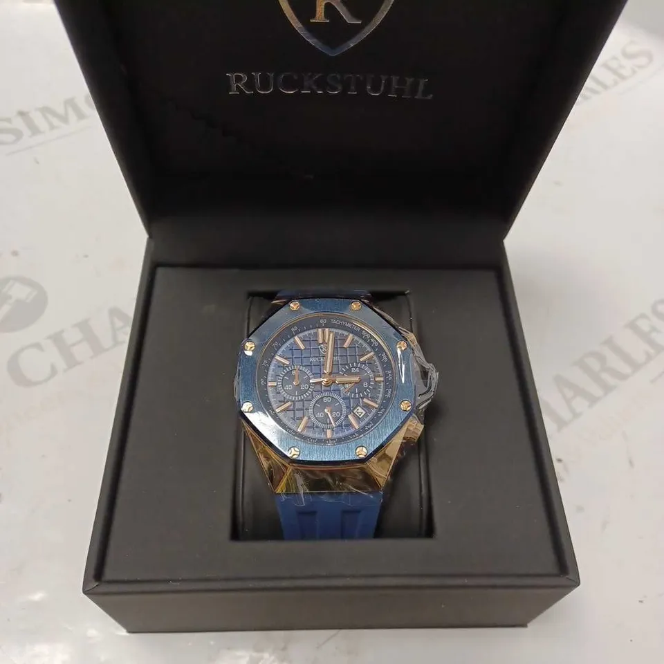 RUCKSTUHL TRIPLE DIAL TACHYMETER BLUE RUBBER STRAP WRISTWATCH