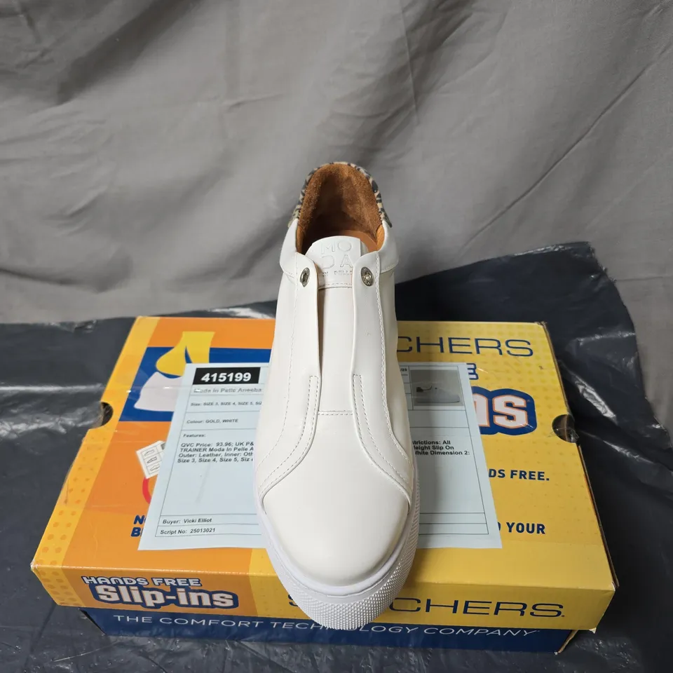 MODA IN PELLE WHITE LEATHER SNEAKERS, LEOPARD PRINT HEEL – BOXED SIZE 40