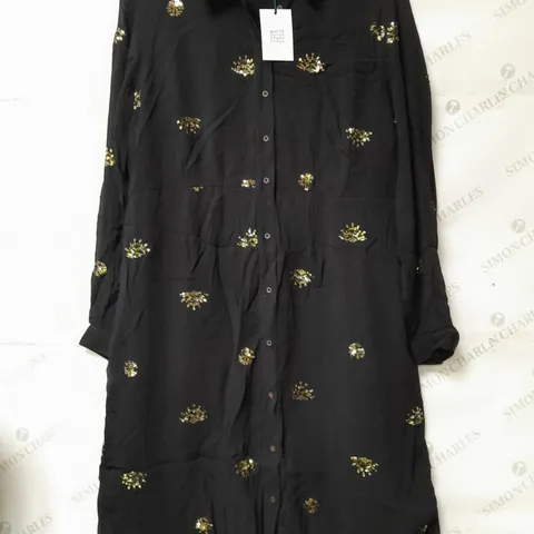 WHITE STUFF LADIES MAXI SHIRT DRESS BLACK WITH GOLD SEQUIN DETAIL SIZE 16