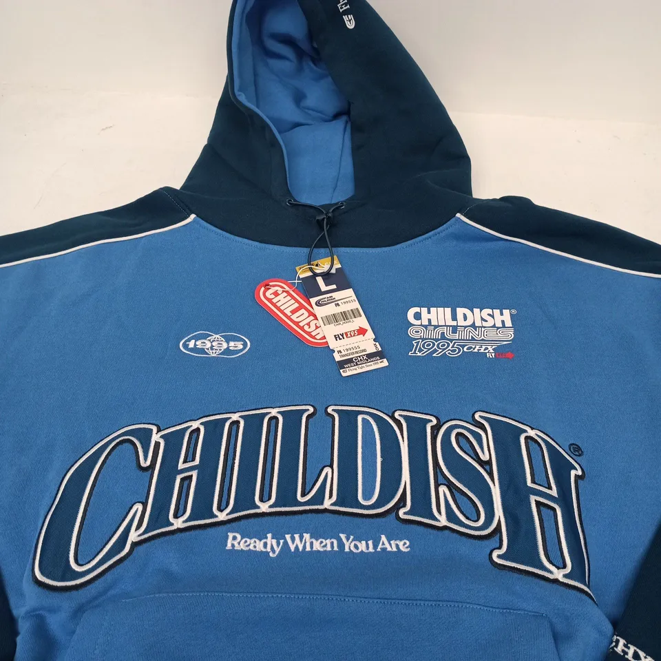 CHILDISH AIRLINES 1995 HOODIE – BLUE & NAVY, SIZE L