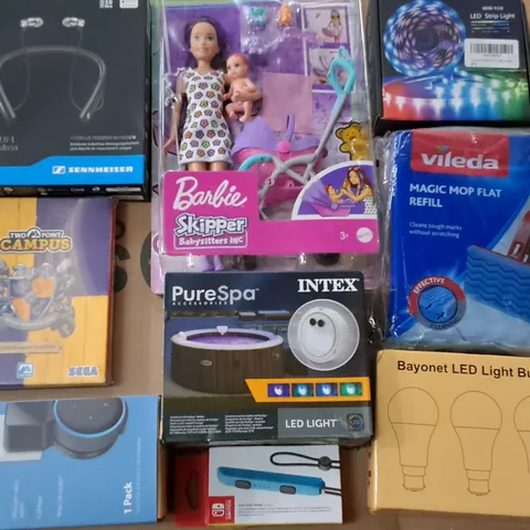 LARGE QUANTITY OF ASSORTED ITEMS TO INCLUDE SENNHEISER MOMENTUM IN EAR HEADPHONES, BARBIE FIGURE AND LED STRIP LIGHTS