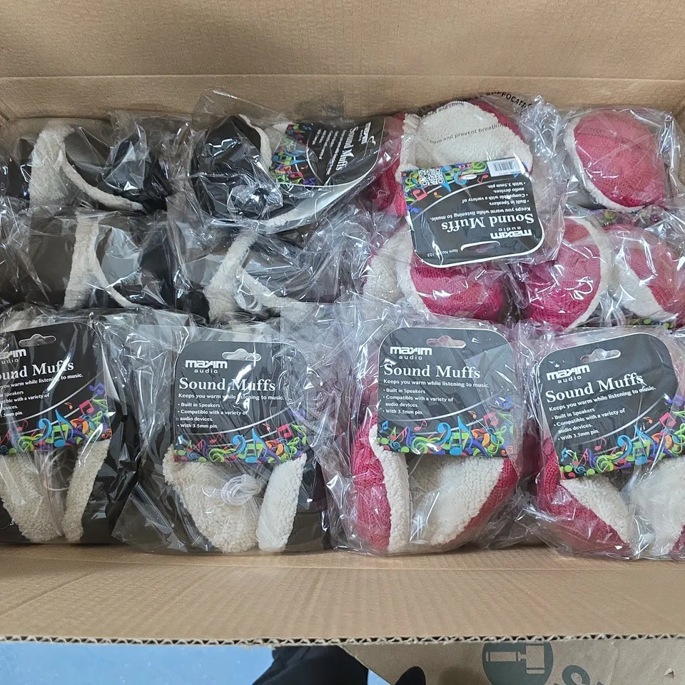 BOX OF APPTROXIMATELY 15 MAXIM AUDIO SOUND MUFFS – EARMUFF HEADPHONES WITH BUILT-IN SPEAKERS, ASSORTED COLORS