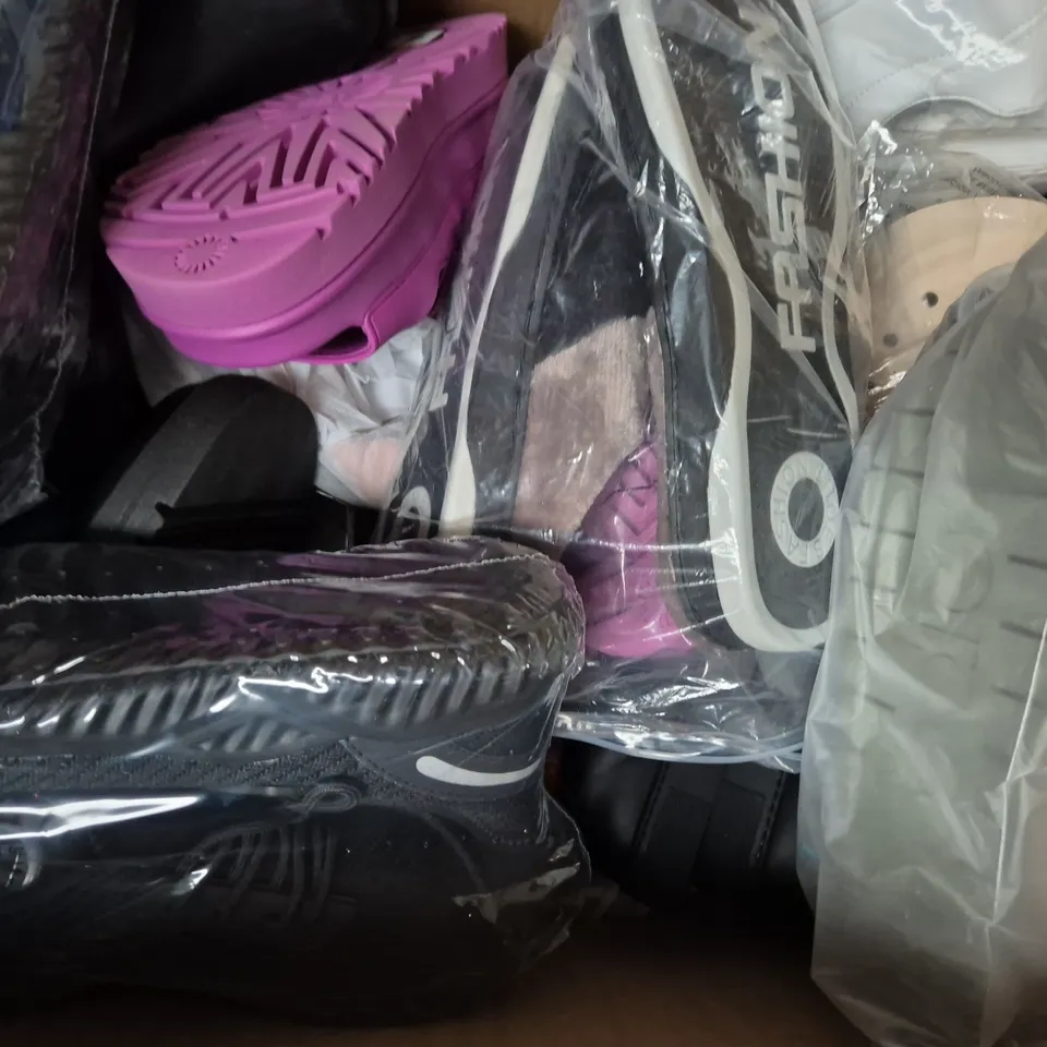 BOX OF APPROXIMATELY 15 ASSORTED PAIRS OF SHOES AND FOOTWEAR ITEMS IN VARIOUS COLOURS, STYLES, AND SIZES - COLLECTION ONLY