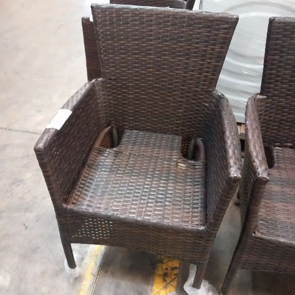 FOUR RATTAN EFFECT GARDEN STACKING CHAIRS