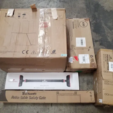 PALLET CONTAINING ASSORTED PRODUCTS INCLUDING COOKER HOOD, KIDS SCOOTER, PARALLETTES, RETRACTABLE SAFETY GATE & PULL UP BAR