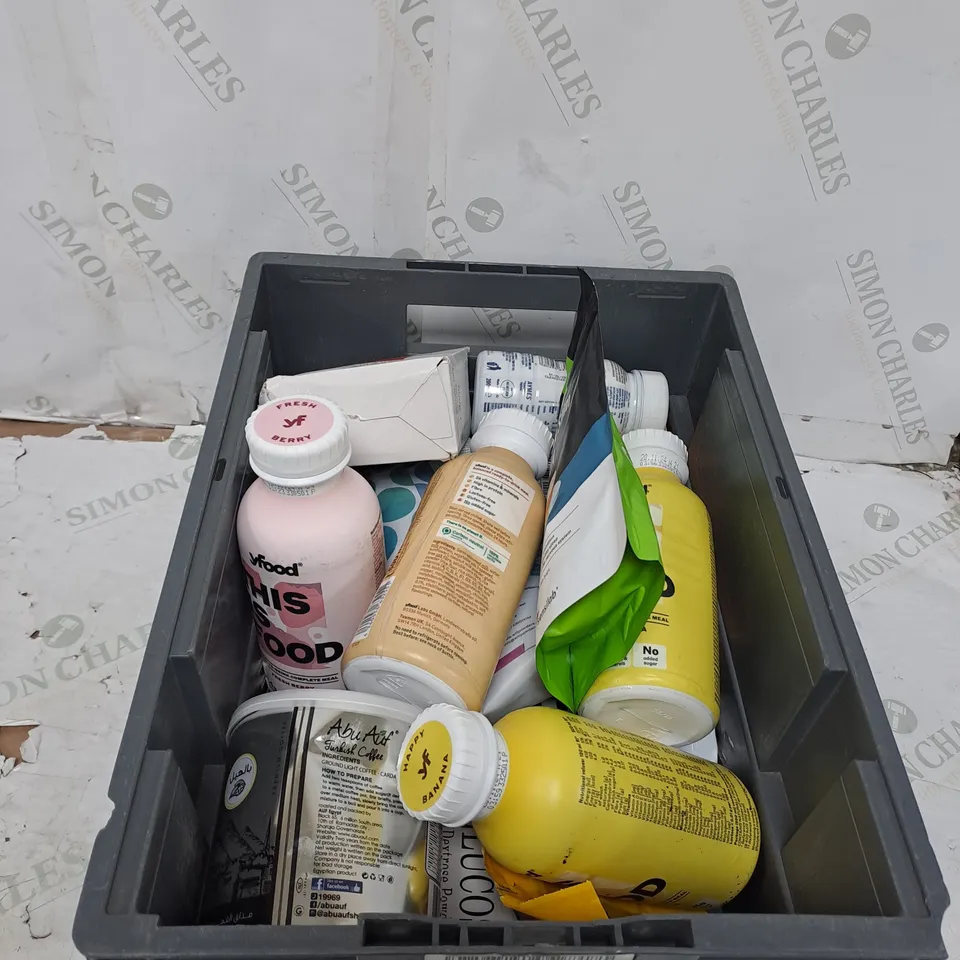 TOTE OF ASSORTED FOOD AND DRINK TOO INCLUDE MINI EGGS , YFOD , TEA , ETC 