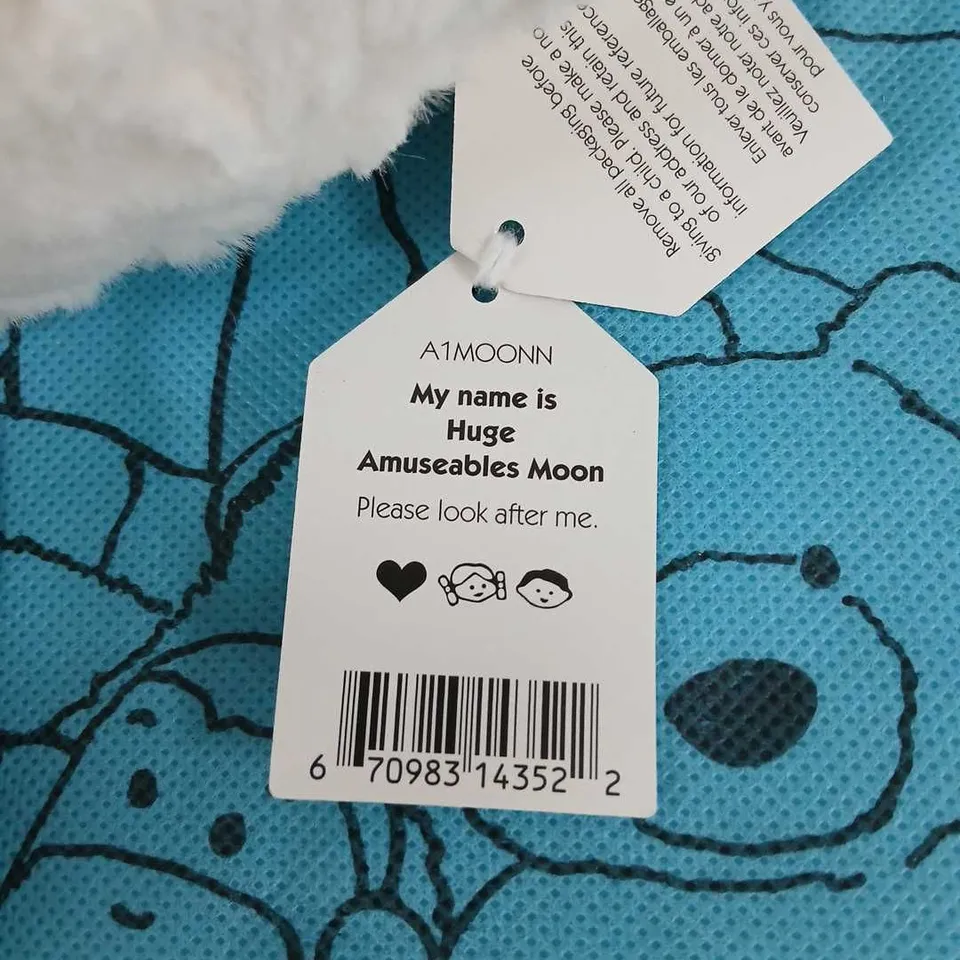 JELLYCAT AMUSEABLES MOON PLUSH – CREAM MOON ON BLUE PATTERNED CUSHION