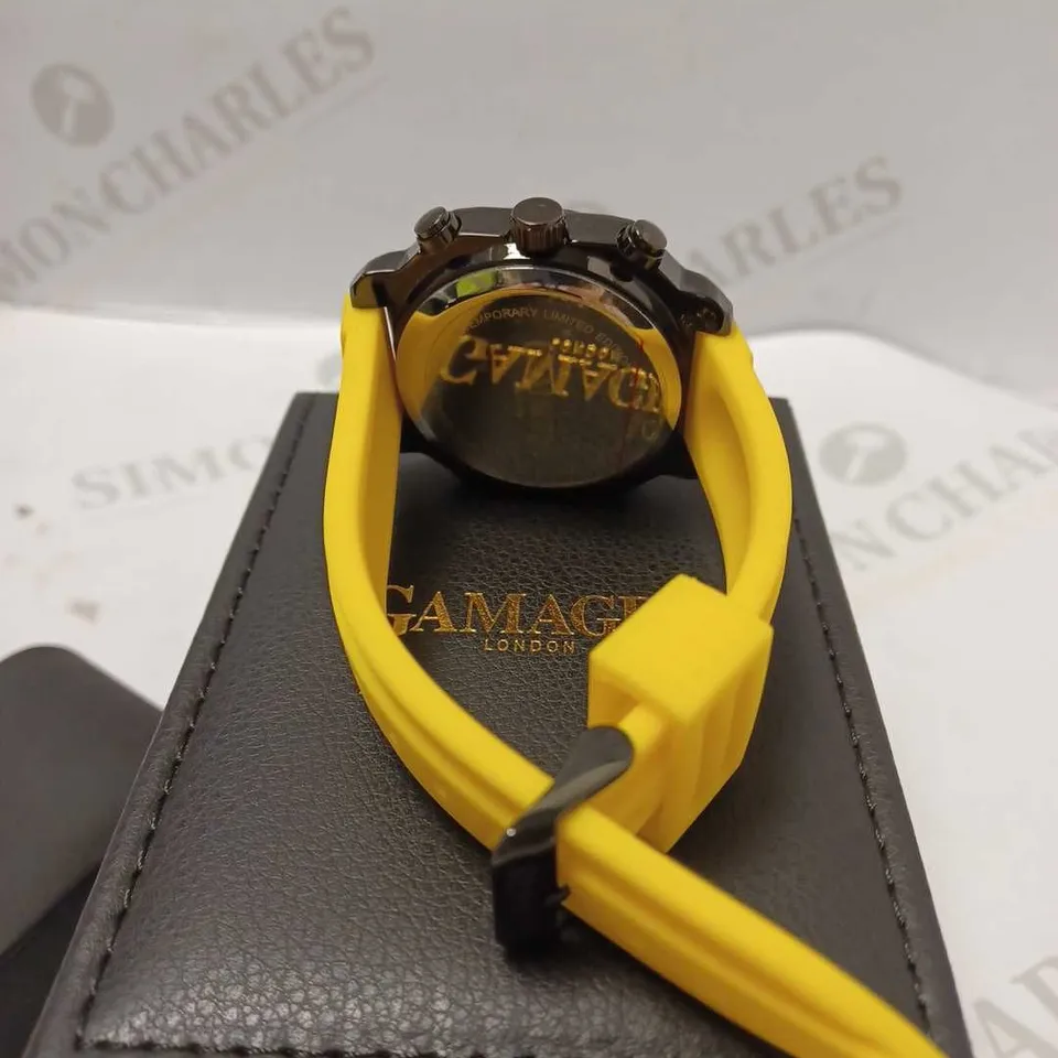 GAMAGES CONTEMPORARY YELLOW TRIPLE DATE DIAL AUTOMATIC RUBBER STRAP WRISTWATCH	