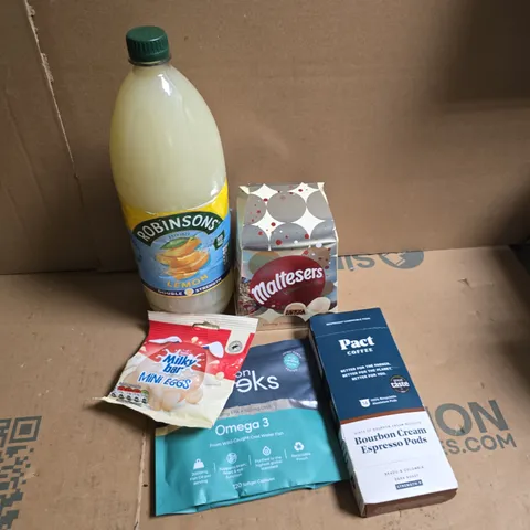 APPROXIMATELY 8 ASSORTED FOOD & DRINK ITEMS TO INCLUDE ROBINSONS LEMON DOUBLE STRENGTH, MALTESERS WHITE TRUFFLE, NUTRITION GEEKS OMEGA 3, ETC - COLLECTION ONLY