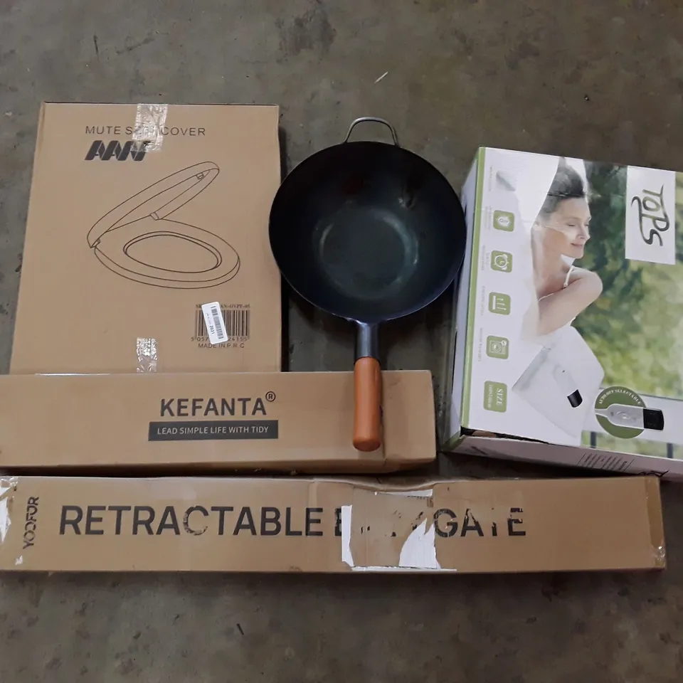 PALLET OF ASSORTED PRODUCTS INCLUDING TOILET SEAT, WOK, ELECTRIC THROW, FLOOR SQUEEGEE, RETRACTABLE SAFETY GATE 