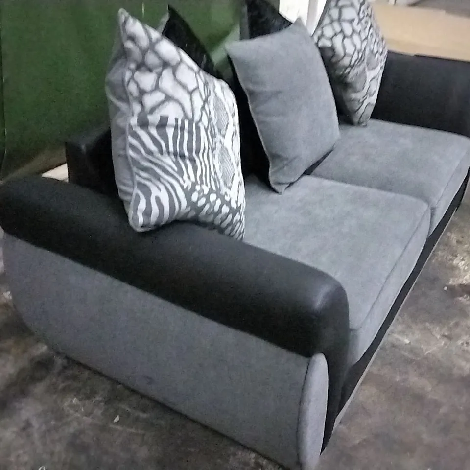 DESIGNER HILTON BLACK SUEDE EFFECT AND GREY FABRIC THREE SEATER WITH SCATTER CUSHIONS