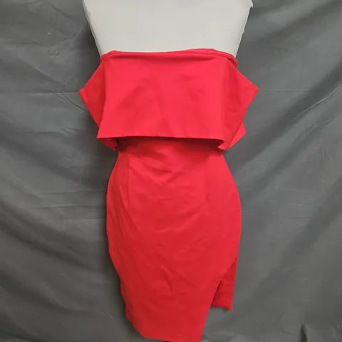 LAVISH ALICE OFF SHOULDER SPLIT LEG MIDI DRESS IN RED SIZE 12