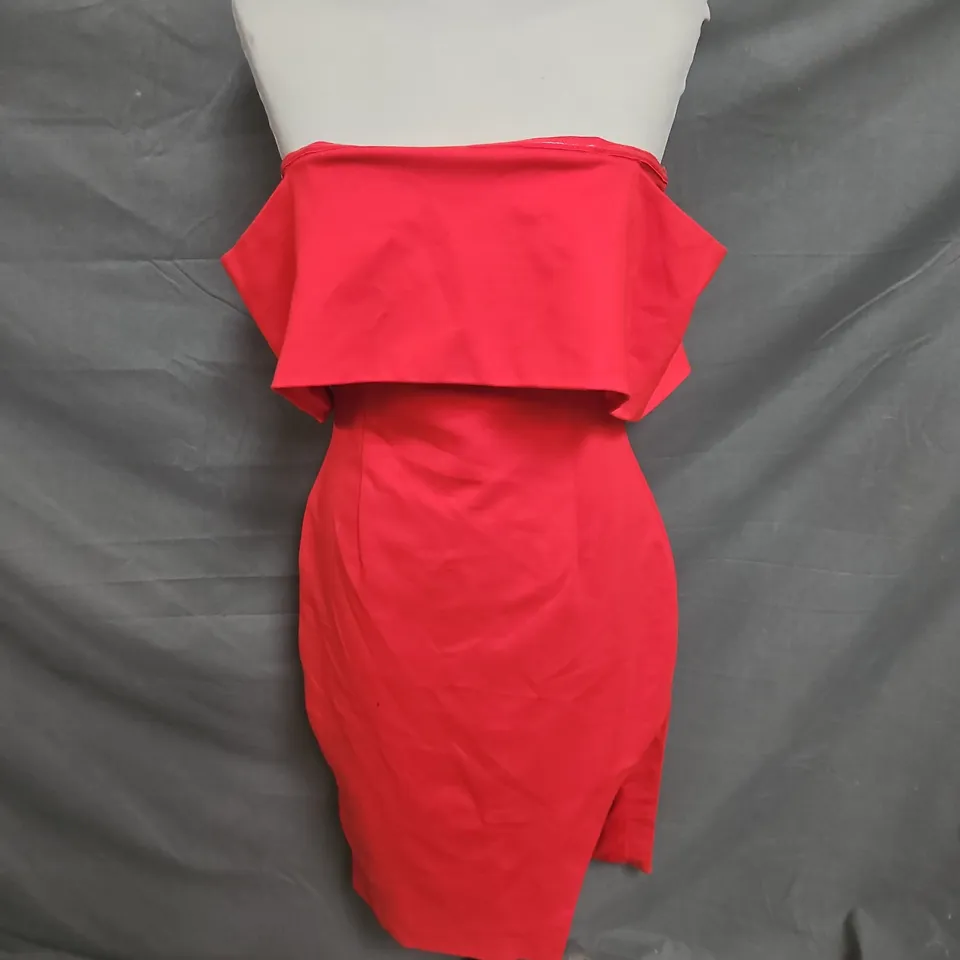 LAVISH ALICE OFF SHOULDER SPLIT LEG MIDI DRESS IN RED SIZE 12