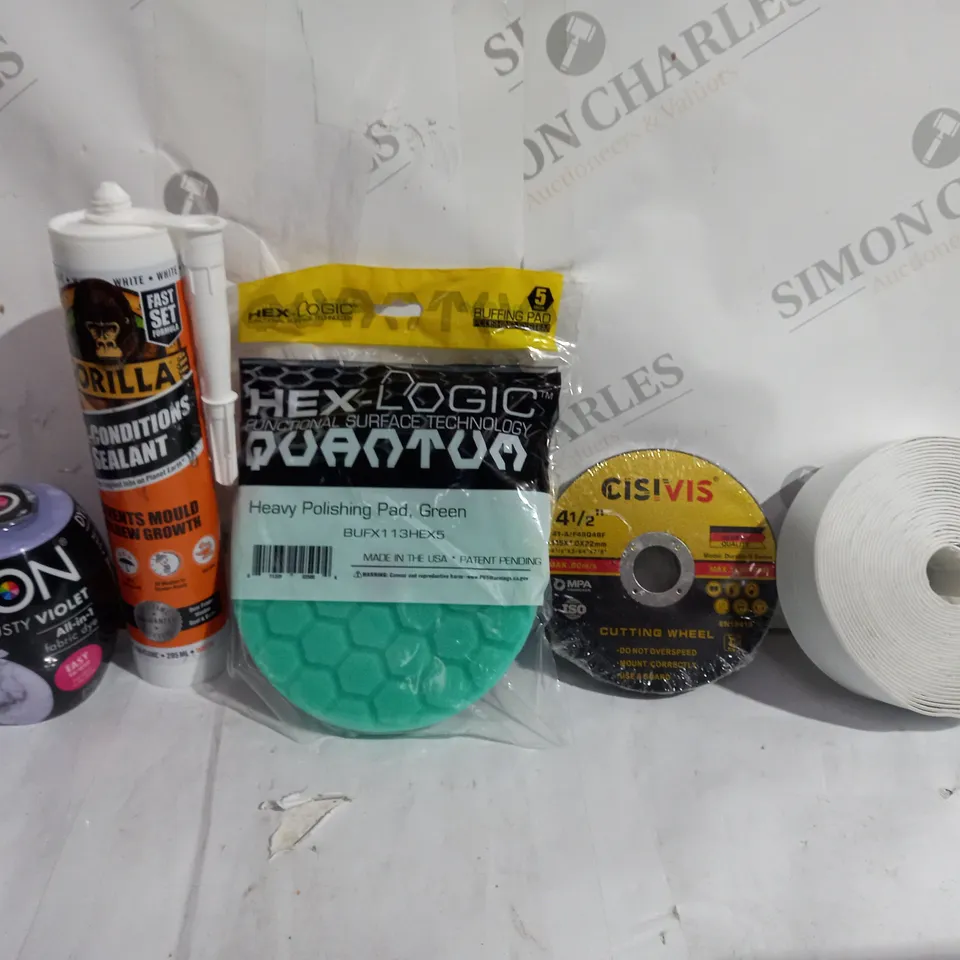 BOX OF APPROXIMATELY 8 ASSORTED ITEMS TO INCLUDE - CISIVIS CUTTING WHEEL - GORILLA ALL CONDITIONS SEALANT - DYLON DUSTY VIOLET ECT