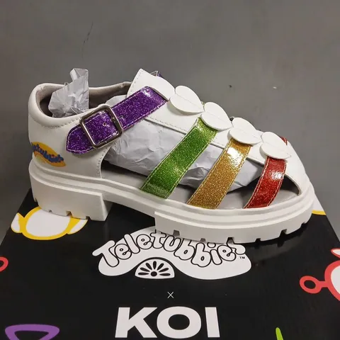 BOXED TELETUBBIES X KOI GLITTER TRUMPETS KIDZ SANDALS WHITE SIZE 2