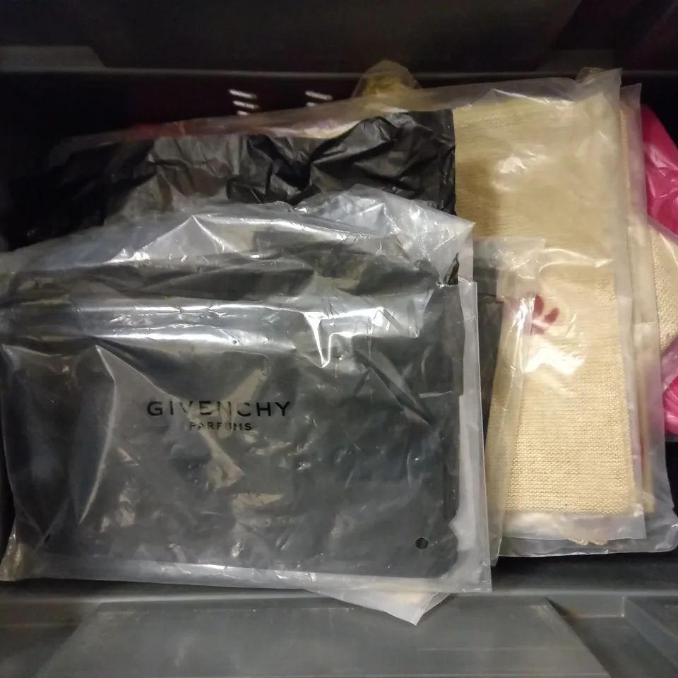 LOT OF 12 DESIGNER COSMETIC POUCHES, TO INCLUDE LANCOME, GUERLAIN, CLARINS & GIVENCHY