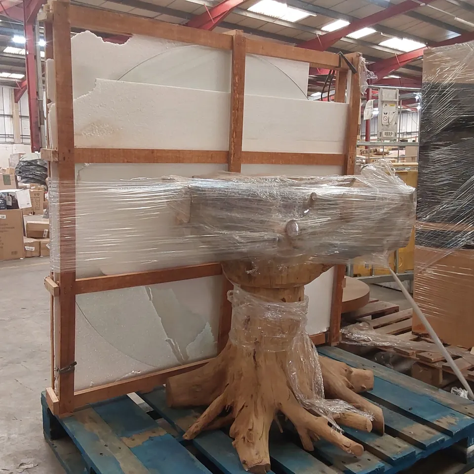 PACKAGED HOMESDIRECT365 TEAK ROOT DRIFT GLASS ROUND DINING TABLE (2 ITEMS)