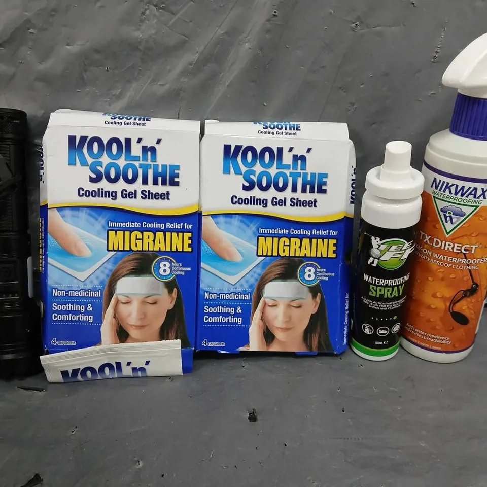 BOX OF APPROXIMATELY 12 ASSORTED ITEMS TO INCLUDE - KOOL N SOOTHE , FLASHLIGHT , WATERPROOF SPRAY ETC