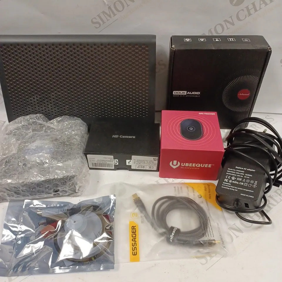 BOX TO CONTAIN APPROX. 16 X ASSORTED TECH PRODUCTS. INCLUDES WI-FI BOX, GPS TRACKER, CABLES, COMPUTER COOLING FAN ETC 