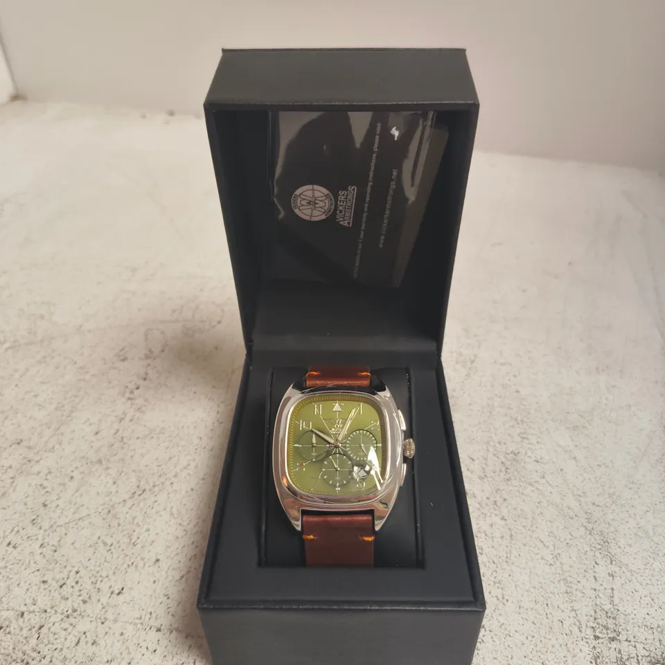 VICKERS ARMSTRONGS CHRONOGRAPH WRISTWATCH – GREEN DIAL, BROWN LEATHER STRAP