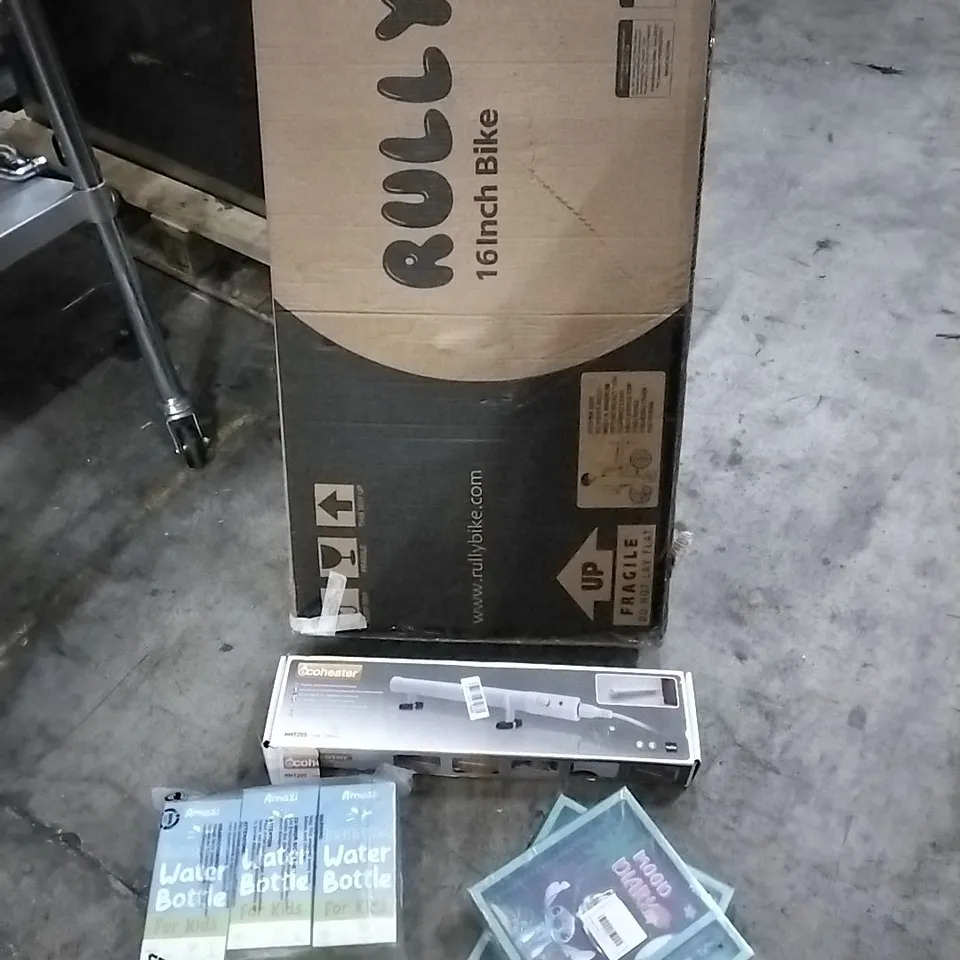 PALLET OF HOUSEHOLD ITEMS TO INCLUDE 16" BIKE, ECOHEATER,  INSULATED WATER BOTTLES, DISNEY STITCH MOOD DIARY AND OTHER ASSORTED ITEMS...
