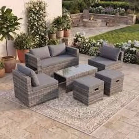 BOXED VIDA ISLAY 6 SEATER RATTAN SET - GREY // ALL CUSHIONS MISSING (1 BOX)
