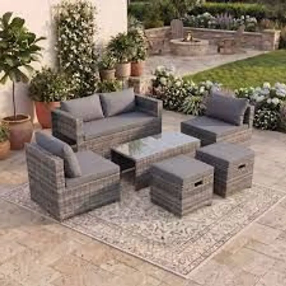 BOXED VIDA ISLAY 6 SEATER RATTAN SET - GREY // ALL CUSHIONS MISSING (1 BOX)