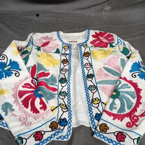 BODEN WOMEN'S EMBROIDERED JACKET – UK 8 – WHITE WITH COLORFUL FLORAL EMBROIDERY