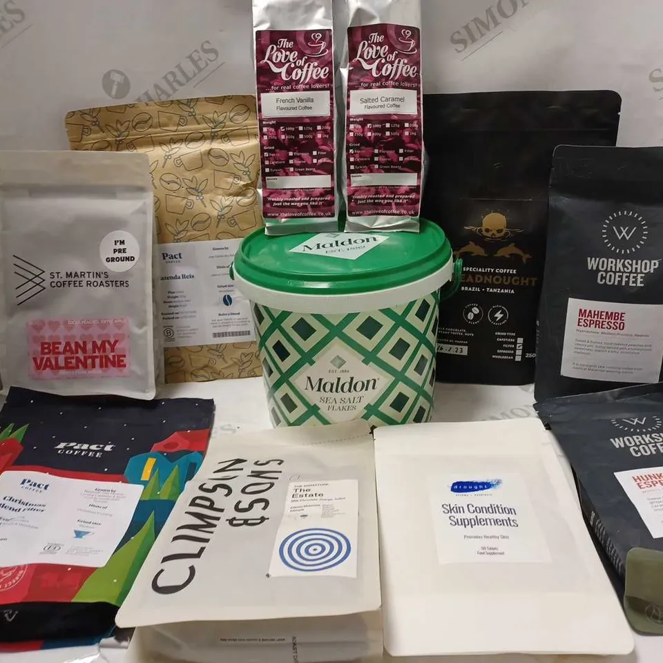 LOT OF APPROX 10 ASSORTED FOOD/DRINK ITEMS TO INCLUDE MALDON SEA SALT FLAKES, PACT COFFEE CHRISTMAS BLEND FILTER, DROUGHT SKIN CONDITION SUPPLEMENTS, ETC 