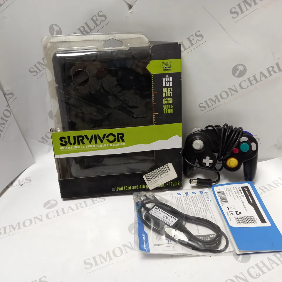 APPROXIMATELY 15 ASSORTED ELECTRICAL ITEMS TO INCLUDE TABLET CASE, GAMECUBE CONTROLLER, SENNHEISER EHS ADAPTER CABLE, ETC