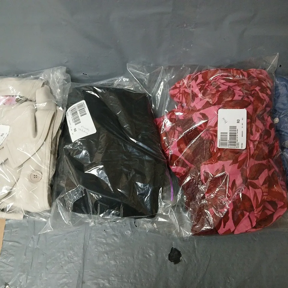 BOX OF APPROXIMATELY 8 ASSORTED BAGGED PIECES OF CLOTHING IN VARIOUS STYLES, SIZES, AND BRANDS 