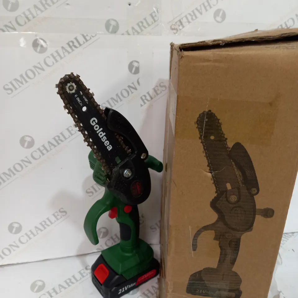 BOXED MINI CORDLESS CHAINSAW INCLUDING SPARE BATTERIES, GLOVES ETC