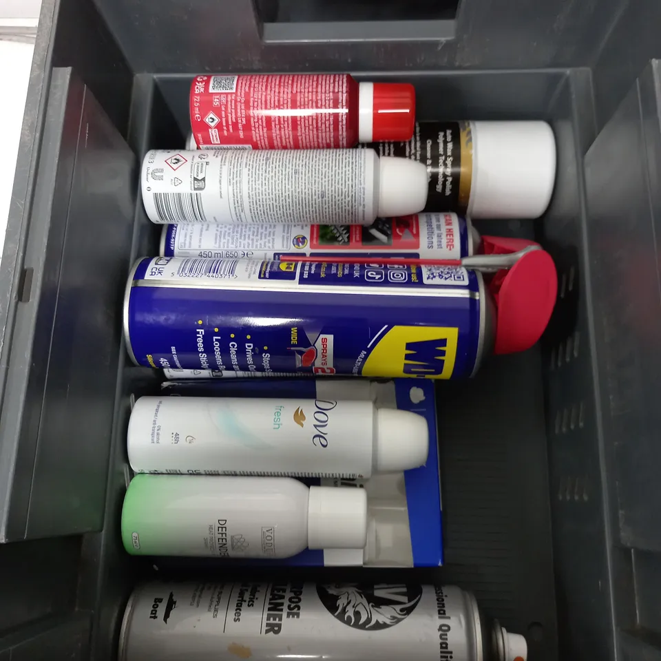 BOX OF APPROXIMATELY 10 ASSORTED AEROSOLS TO INCLUDE - VODUZ HEAT PROTECTION SPRAY - CARFUME ONE MILLION CAR FRAGRANCE - CHERRY BLOSSOM SNEAKER FRESH - ETC - COLLECTION ONLY