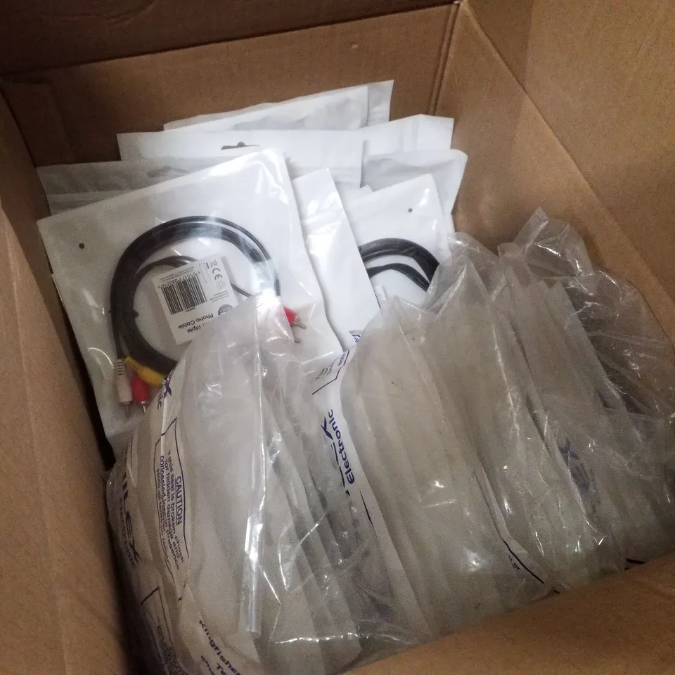 PALLET CONTAINING ASSORTED ELECTRICAL PRODUCTS INCLUDING 1.5M TRIPLE PHONO CABLES, 2 PHONO TO 2 PHONO CABLE & EXTENSION CORD
