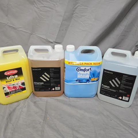 LOT OF 4 HOUSEHOLD LIQUIDS TO INCLUDE COMFORT FRESH FABRIC SOFTENER - CARPLAN WASH & WAS AND EZCARCARE LUXURY SHAMPOO - 5L PER BOTTLE