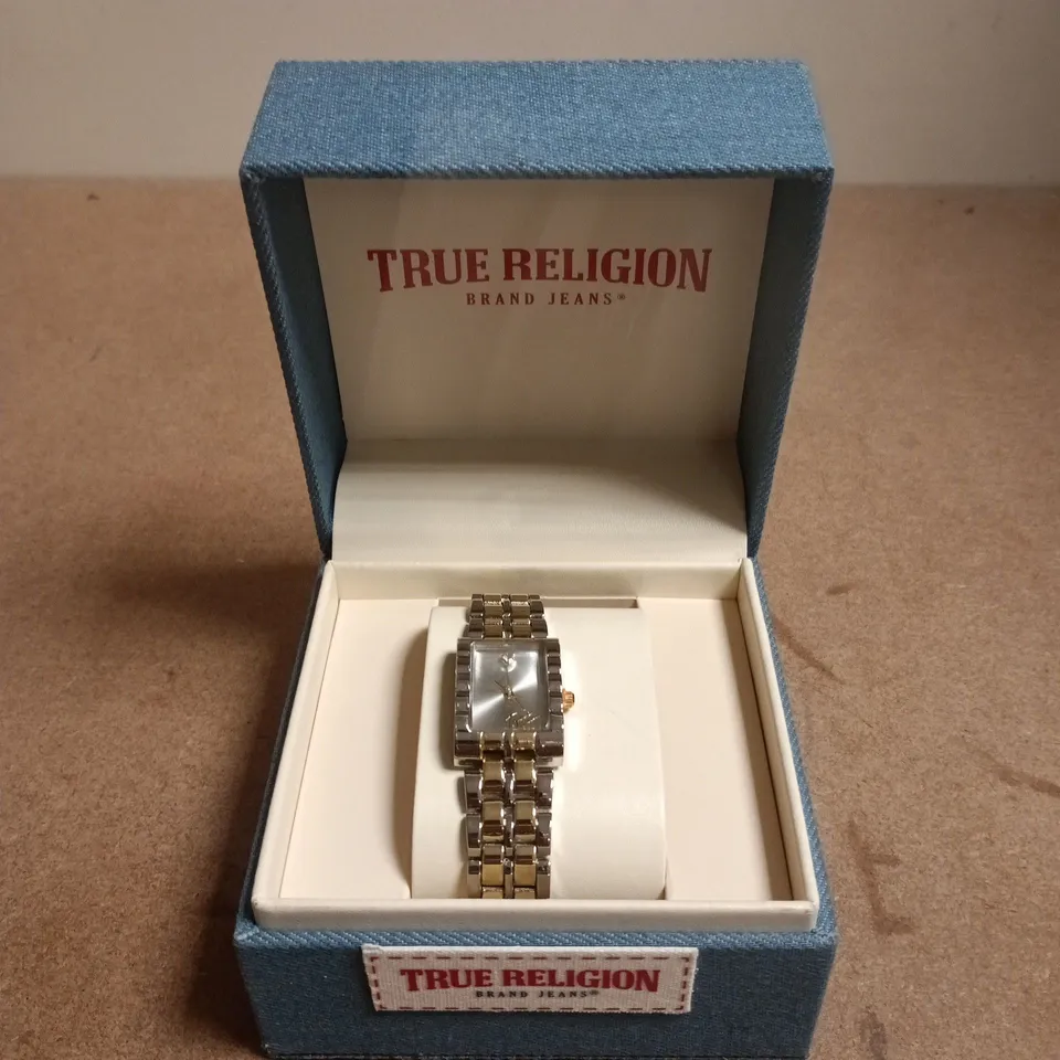 TRUE RELIGION BRAND JEANS WRISTWATCH – TWO-TONE STAINLESS STEEL, RECTANGULAR FACE (BOXED)