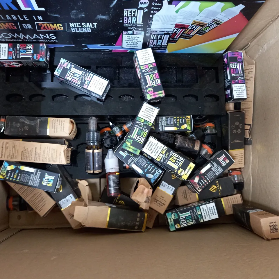 APPROXIMATELY 20 ASSORTED E-CIGARETTE & VAPE PRODUCTS TO INCLUDE REFILL BARS, MILAGRO PET CBD OIL, VAPE PODS, ETC