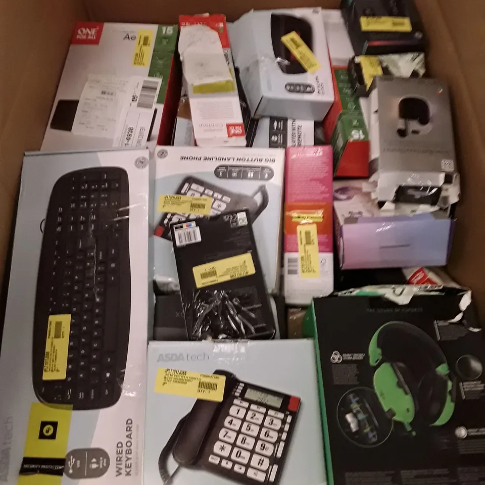 BOX OF ASSORTED ELECTRONIC PRODUCTS INCLUDING BIG BUTTON LANDLINE PHONE, KEYBOARDS, GAMING HEADSET, AERIAL